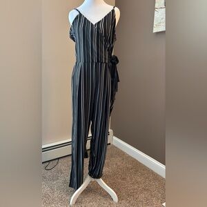 Just Be Black and White Striped Jumpsuit with Wide-Leg Silhouette